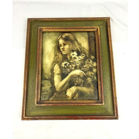 VTG Oil Painting Girl with Flowers Artist Signed Nice Wood Framed Wall Art - Picture 1 of 13